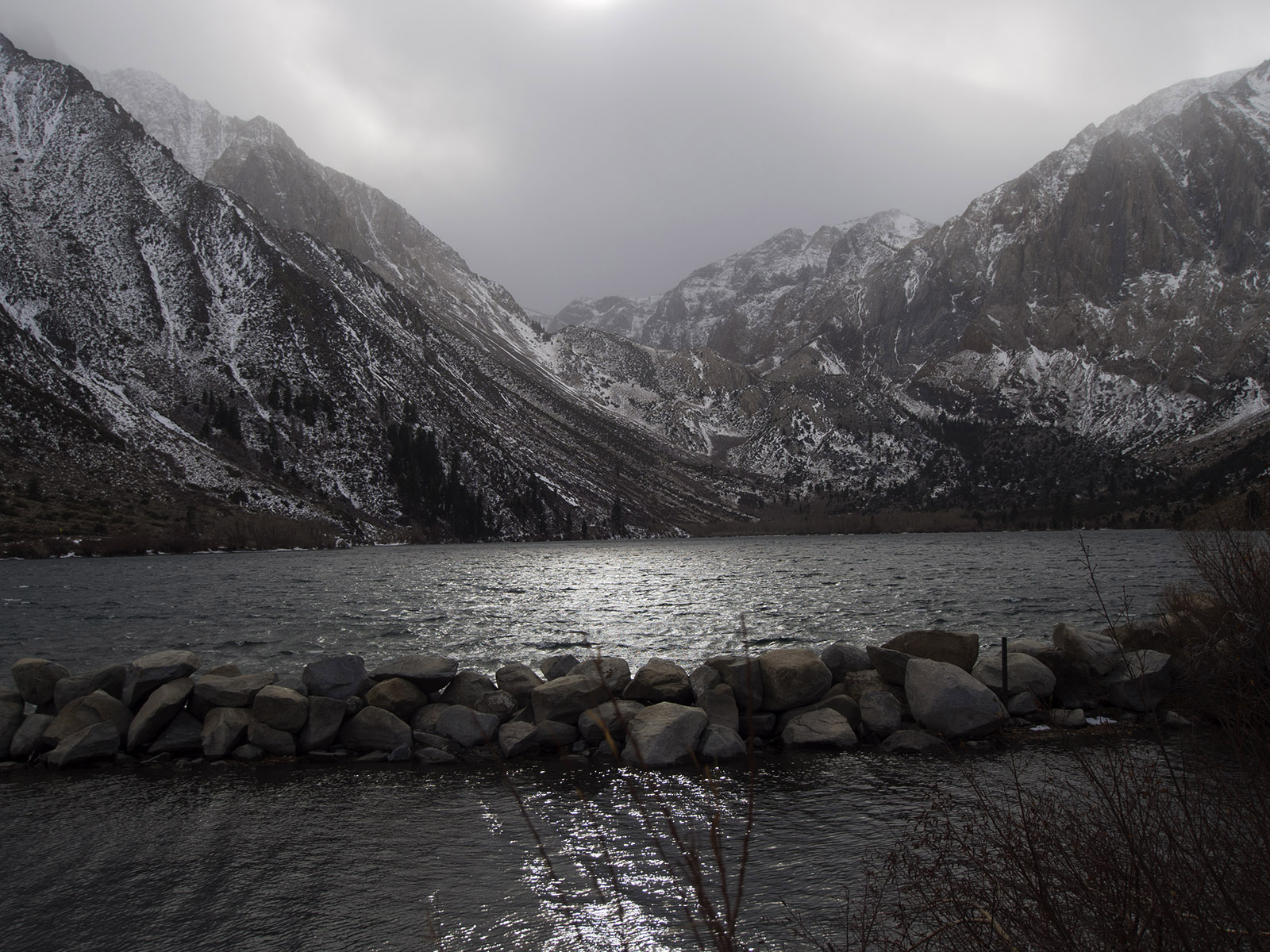 Convict Lake with the first seasonal light snow over the Sierra Nevada.  I spent time viewing the glacial moraines above the lake and nearby remnants of the Hilton Creek Fault made visible by the 1980 earthquakes in the area.