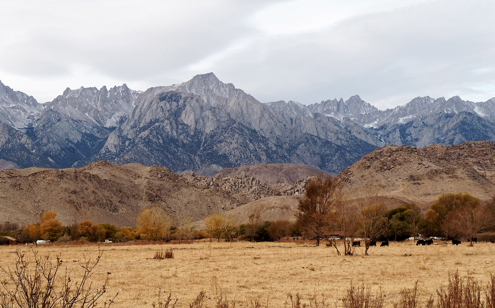 Sierra Nevada and Alabama foothills at Lone Pine CA.   Mount Whitney is the sawtooth peak right of center.