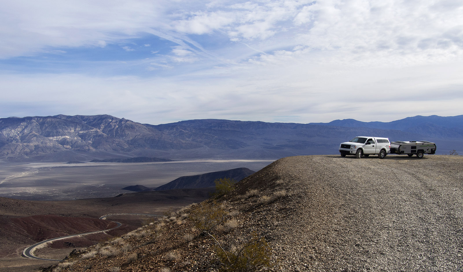 Parked at Father Crowley Vista Point with Panamint Valley below and Panamint Mountains in the distance.