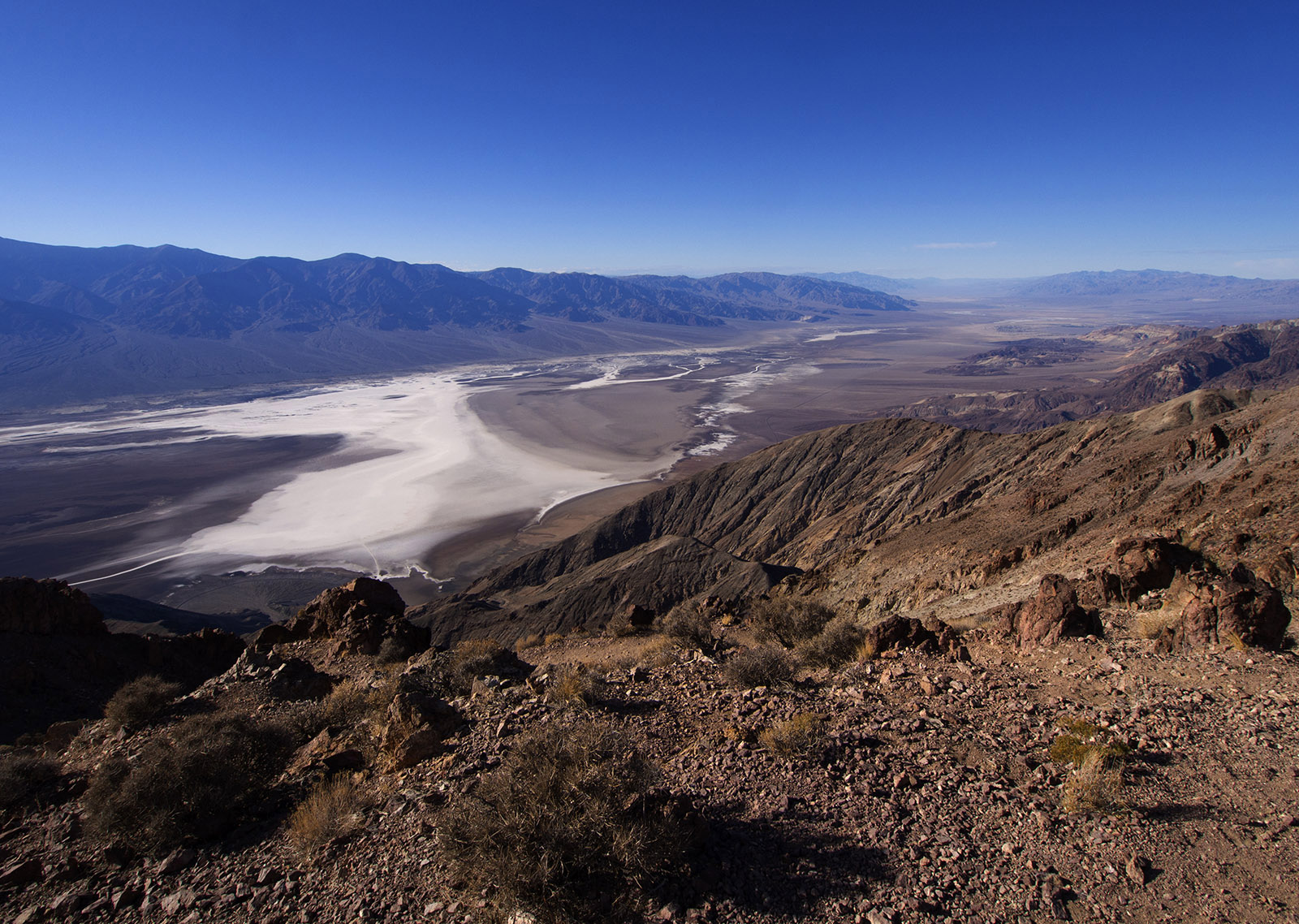 Dante's View from Black Mountains facing North overlooking Badwater Basin (lowest point in Death Valley).  Panamint Mountains and their alluvial fans in the distance.  Badwater Alluvial fan visible at bottom left.