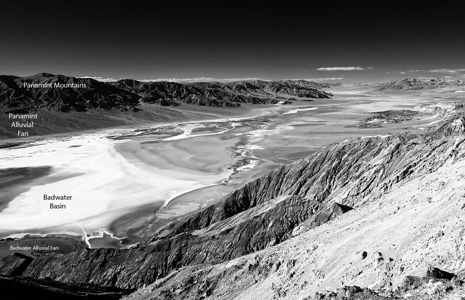 Dante's View facing North in infrared photo with labels.