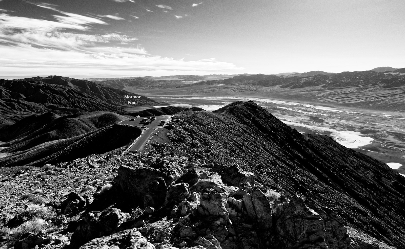 Dante's View facing South, Infrared photo.  Mormon Point and South end of Death Valley and Panamint Range to the right and Owlshead Mountains beyond Mormon Point to the South.