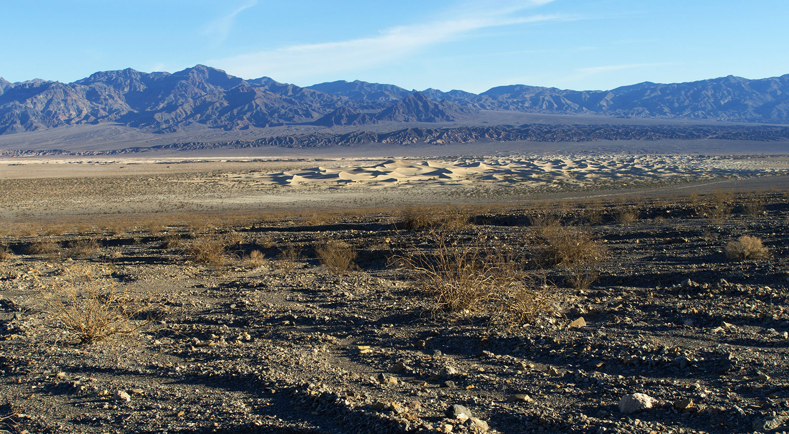 View from the alluvial fan for Mosaic Canyon with Mesquite Flat Sand Dunes and Grapevine Mountains in the distance.