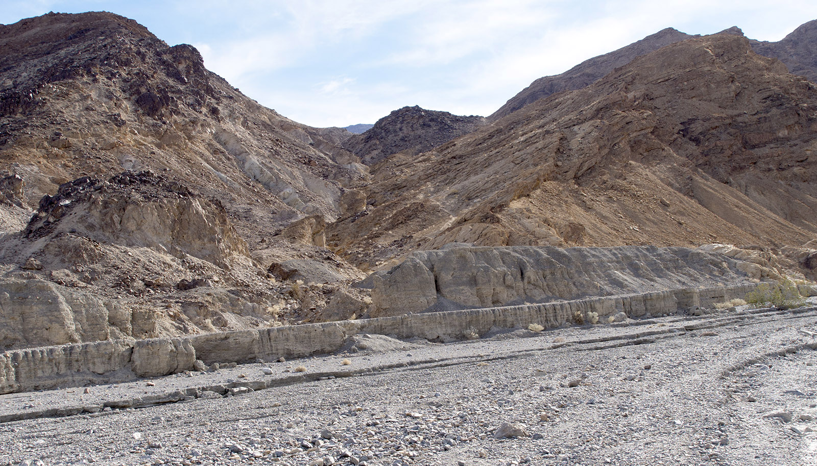 Mosaic Canyon Fault at the wash near the parking area (at bottom of V-shaped area).   To the right (West), are Noonday dolomite strata derived from algal carbonates (~635 MA – Neoproterozoic Era).  To the left (East) are Johnnie formation strata (~550 MA) rich in shale and Stirling quartzite (~500 MA).