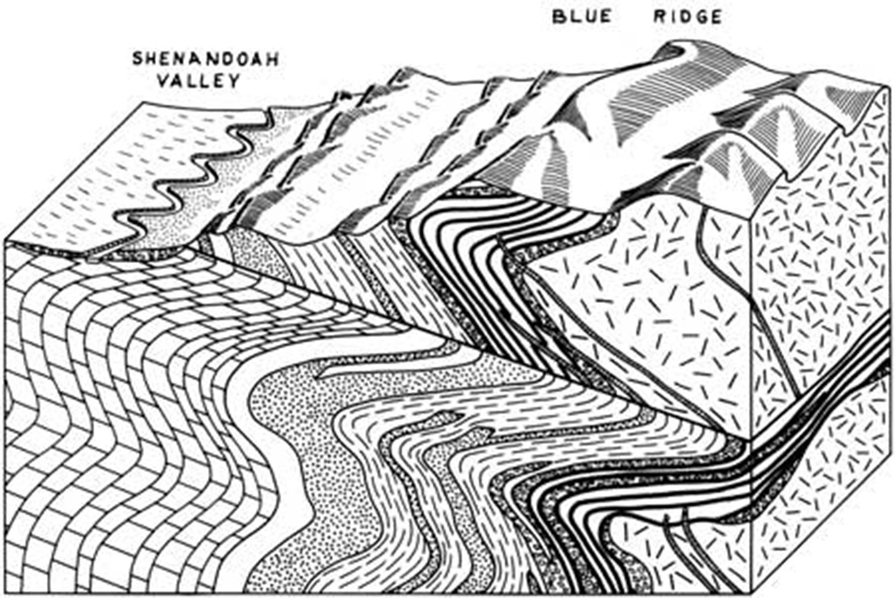 Figure 37:  As the Iapetus Ocean closed from 450 to 300 Ma, enormous diastrophic forces came to bear in the region of Shenandoah National Park resulting in compression, extension and shearing forces that result in folding, faulting, and warping of strata with metamorphism within deeper layers.  Weaker forces occurred during the Taconic (500-440 Ma) and Acadian (375-325 Ma) orogenies when island arcs collided with ancient North America (Laurentia).  The Alleghanian orogeny (320-250 Ma) had a much more profound effect as Gondwana (ancient Africa) and Laurentia (ancient North America) collided giving rise to the supercontinent Pangea and the Appalacian mountains which were as high as the current Himalayas.  Diastrophic forces resulted in strata being force from the East to the West as an overturned thrust fault.  Weathering and erosion have worn down the strata to what is currently seen.