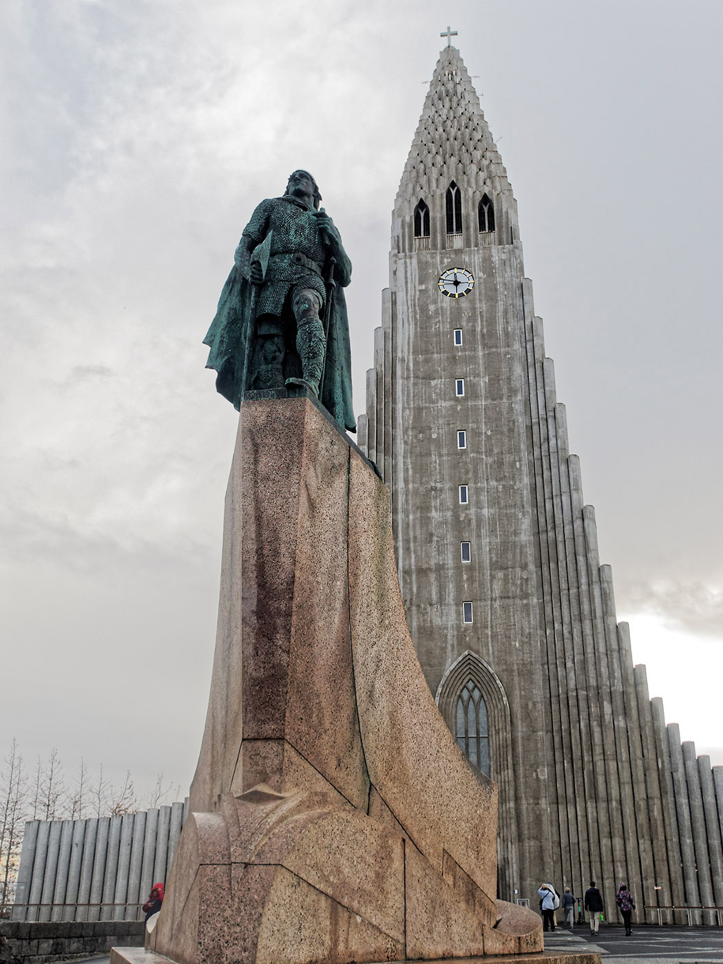 The statue of Leifur Eiríksson (c. 970 - c. 1020) who was the first European to land on North America (c. 1000 CE) is in front of Hallgrímskirkja on the most prominent hilltop, Skólavörðuholt, in Reykjavik. The early settlers and explorers born in Iceland worshipped Norse gods.  This statue was a gift from the USA to Iceland in 1930, and there was controversy at the time of the gift to place it in such a prominent location at the end of Skólavörðustígur.   The city that helped bring peace between Reagan and Gorbachev offers peaceful coexistence between Pagans and Christians.