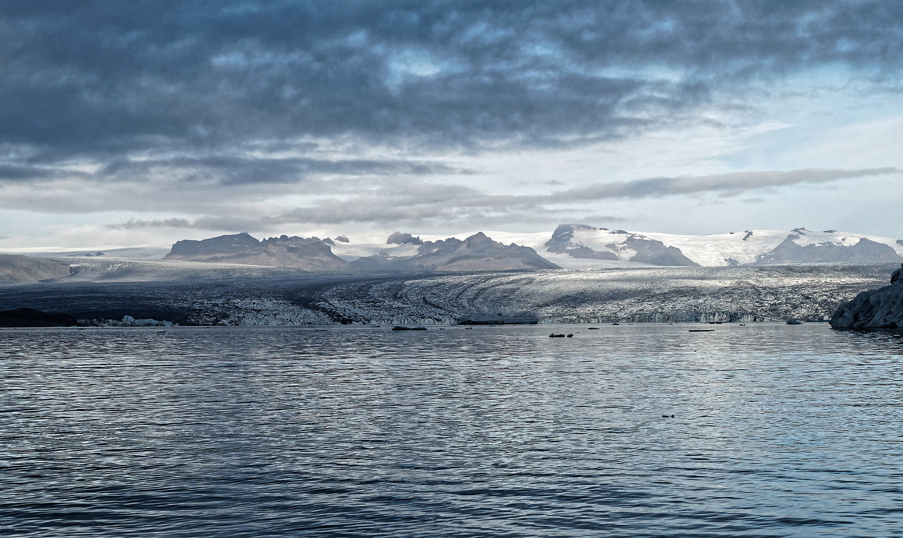 The view of Jökulsárlón glacial lagoon and Breiðamerkurjökull Glacier from the amphibious vehicle.