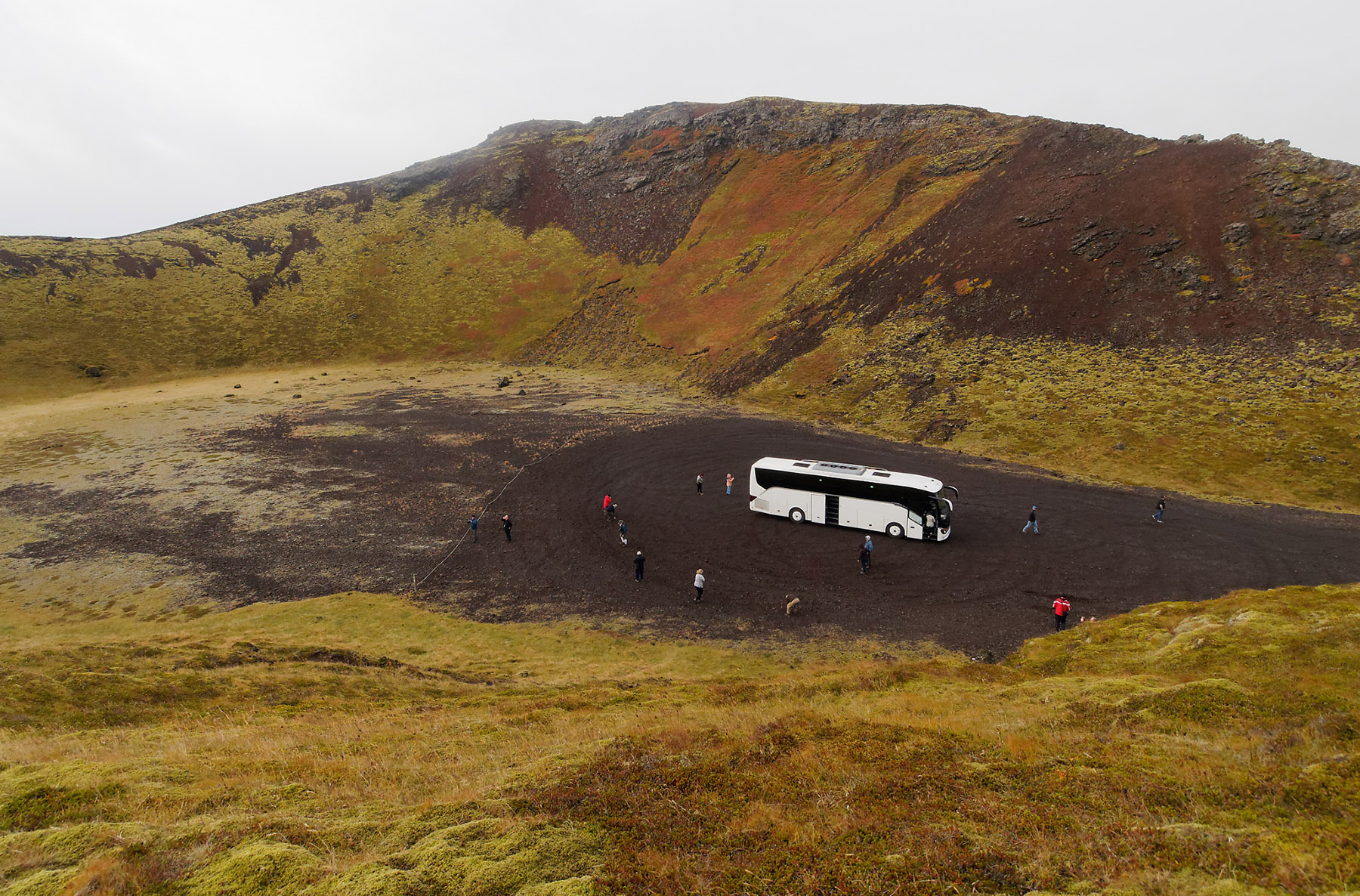 Our bus sits in the bottom of Hólahólar crater. The view is from the top crater edge.