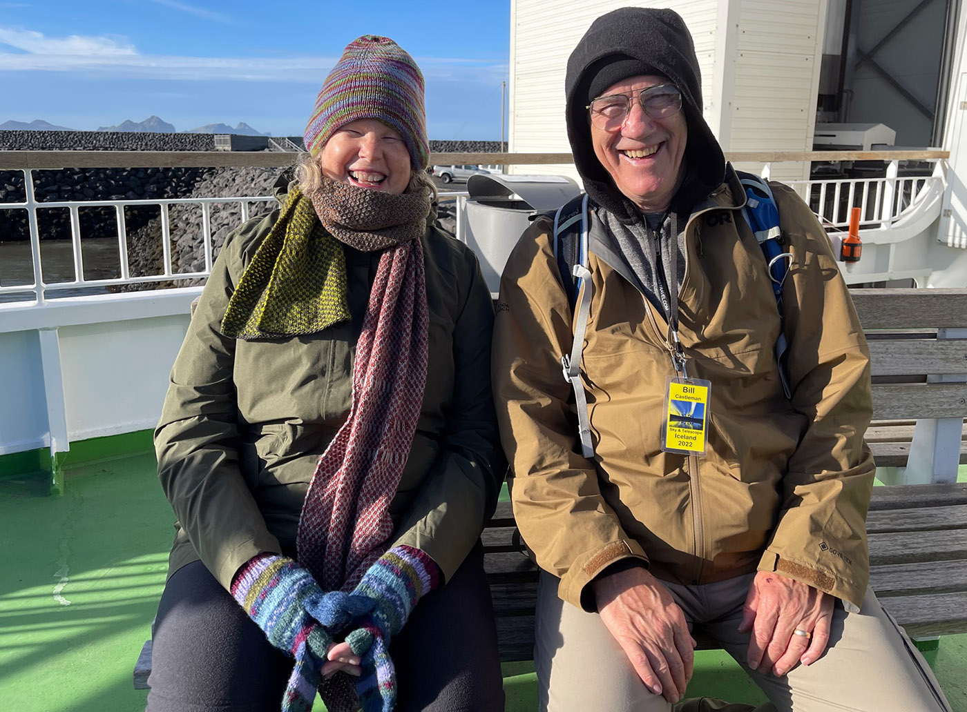 Happy travelers sitting on the Ferry at Landeyjahöfn about to travel to Heimaey on the Westman Islands. Photo by Ken Bernstein.