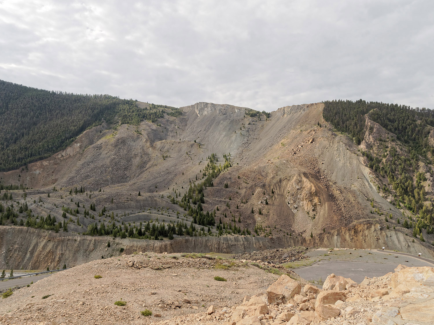 Debris field of Madison Slide area.  A 7.7 magnitude earthquake at 11:37 PM, August 17, 1959 caused the side of the mountain to detach and drop into the Madison River Valley killing campers on the valley floor and blocking the outflow of the Madison River.