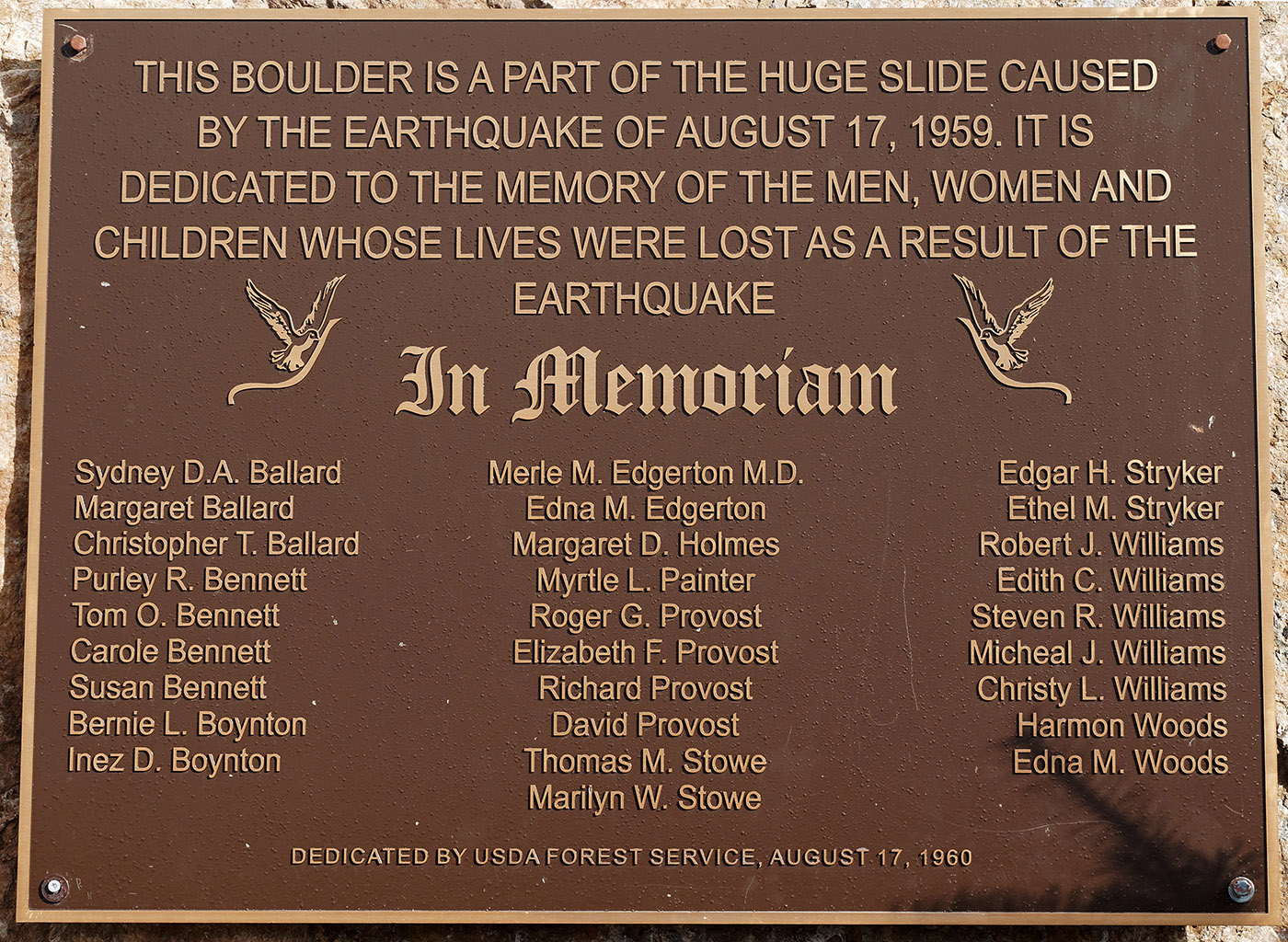 Memorial Plaque on dolomite boulder for the 29 campers and other valley residents who died in the landslide.