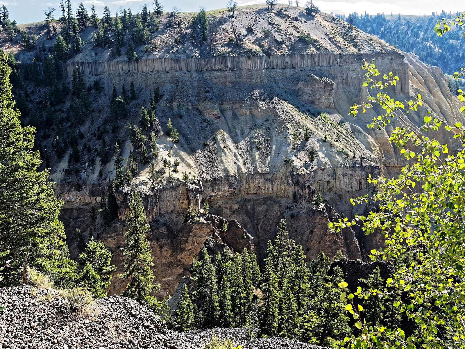The eroded edge of Yellowstone River Canyon exposes strata from volcanic activity in the Yellowstone area that occurred in three phases from 48 million to 0.6 million years ago. The strata  from top to bottom that capture1.3 million years activity are:  glacial till (top); columnar jointed basalt; gravel of volcanic rock; 2nd layer of columnar jointed basalt; gravel; and Eocene conglomerate.