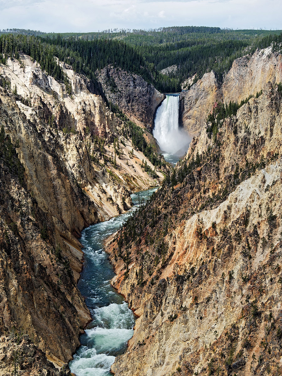 Lower Falls of the Yellowstone River occurs at a junction between erosion-resistant and erosion-susceptible rhyolite.  The three phases of Yellowstone volcanic activity from 48 to 0.6 million years ago were characterized by rhyolitic, basaltic and bimodal lava flows.