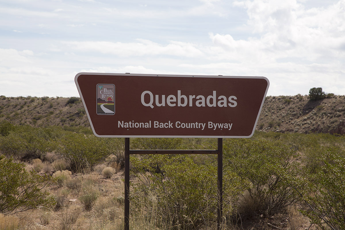 Sign at entry to the Quebradas Backcountry Byway outside Socorro, NM.