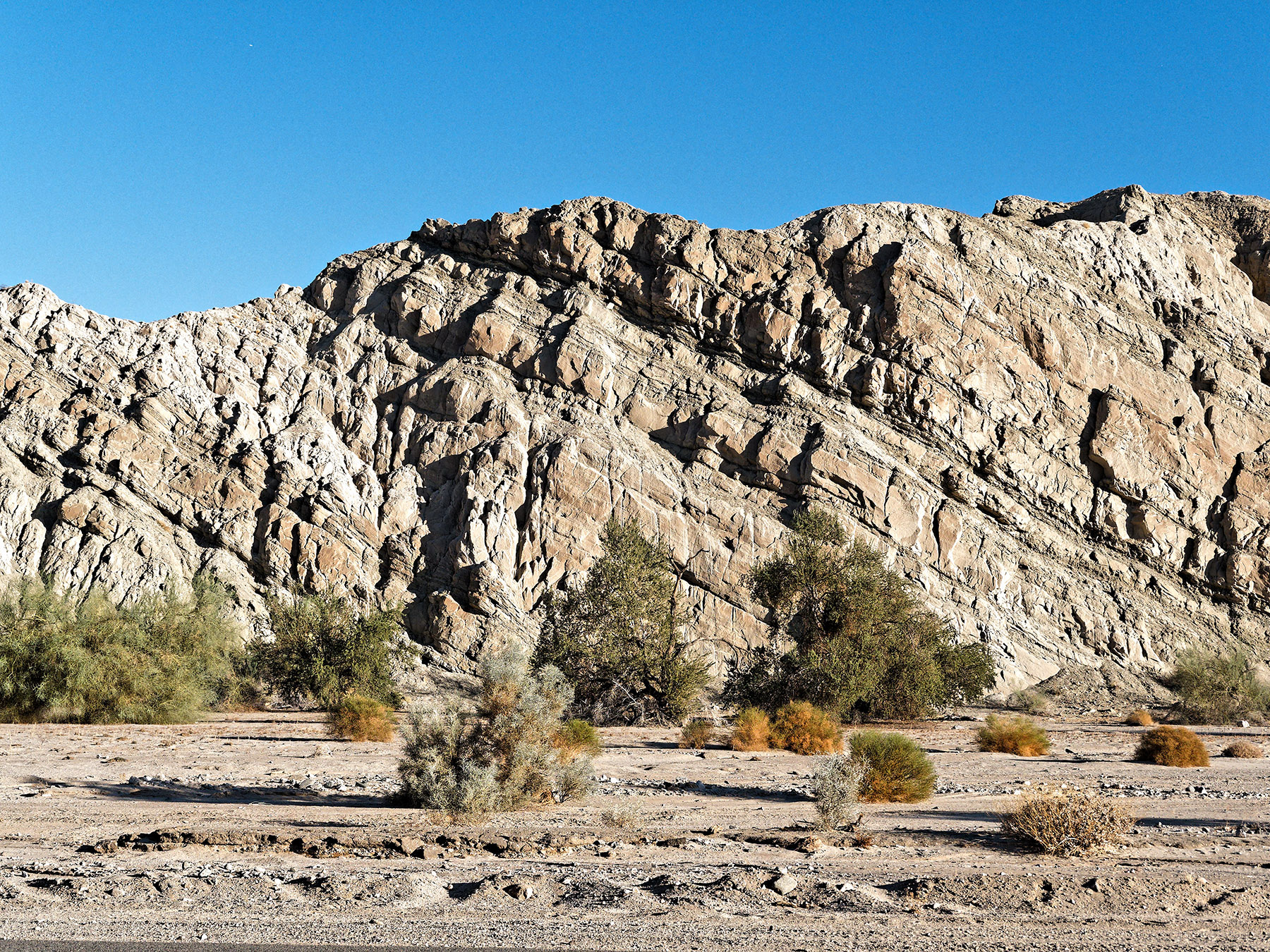 Uplifted layers of lower Palm Spring Formation Sandstone and gray siltstone beds along Box Canyon Road were deposited 5.3 to 2.5 Ma ago during the Pliocene Epoch.  The were lifted and tilted by ongoing forces of the Pacific Plate subduction.