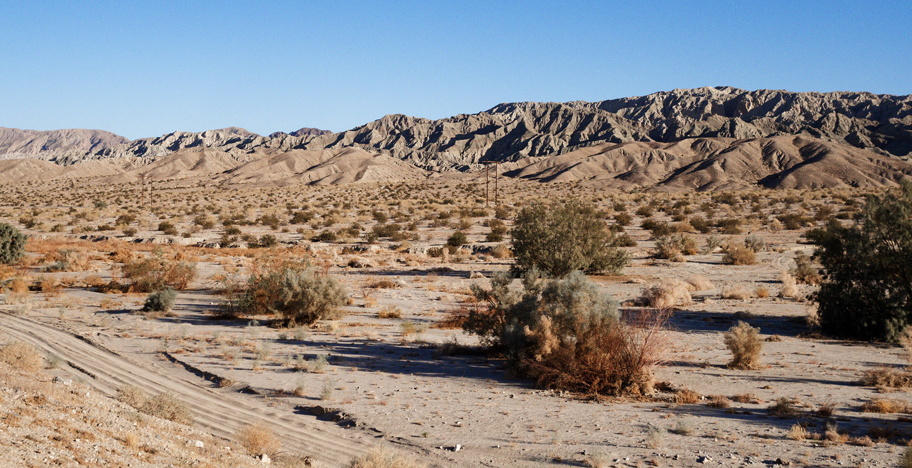 The view from Painted Canyon Road looking East towards the Mecca Hills.  The San Andreas fault runs through lower areas in front of the road.