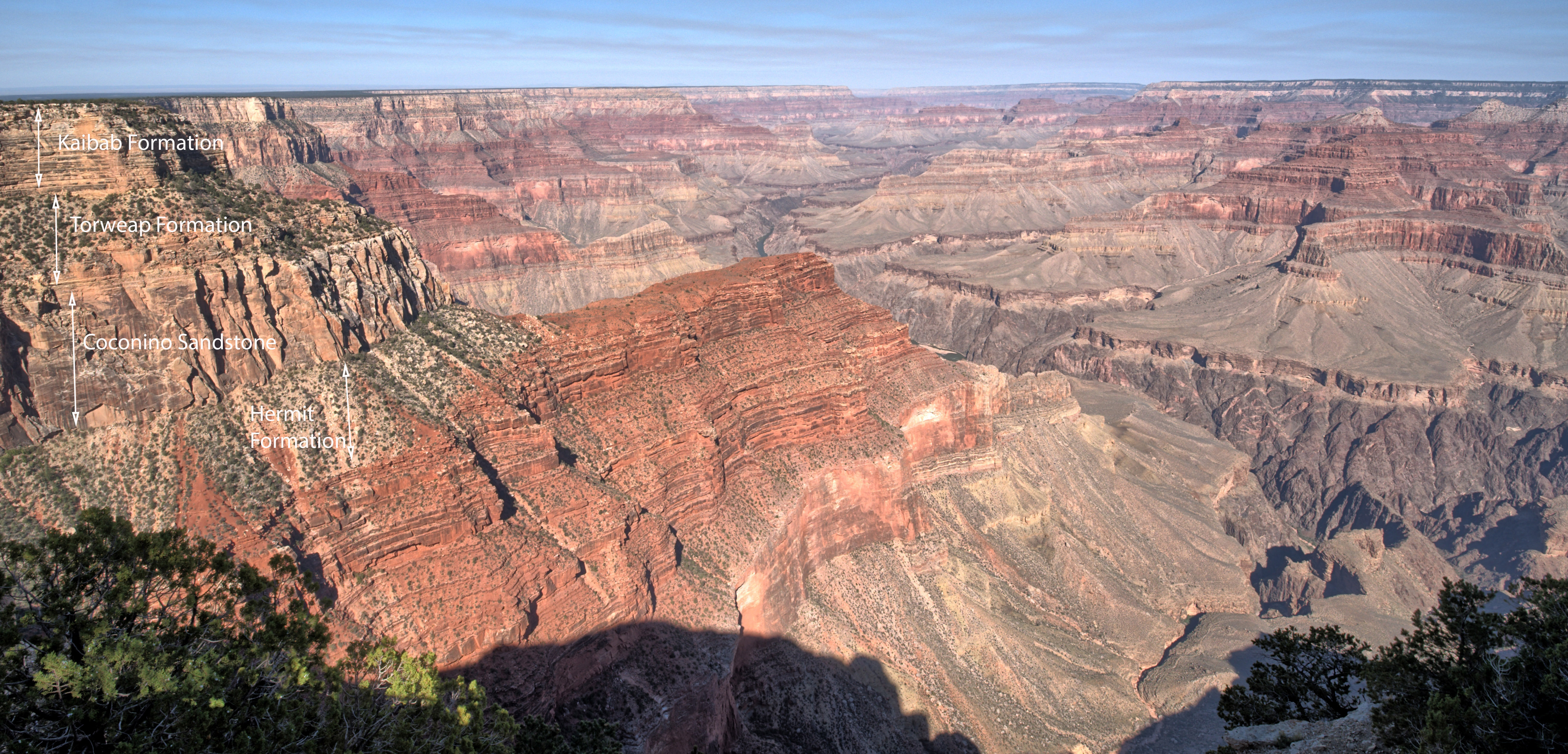 Superficial sedimentary layers are composed of Kaibab Formation, Limestone formed 270 Ma in the early Permian Period; the Torweap Formation, brown sandstone 273 Ma in the early Permian Period; and Coconino sandstone forme 275 Ma in the early Permian period.  The underlying Hermit formation is shale formed 280 Ma in the early Permian Period.