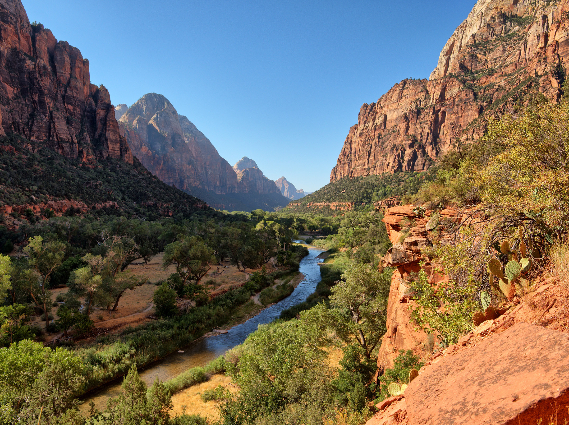 Virgin River in Zion Canyon has cut through sedimentary layers that were deposited in the Perimian; Triassic and Jurassic periods. This is a view from the trail to the Emerald Pools.